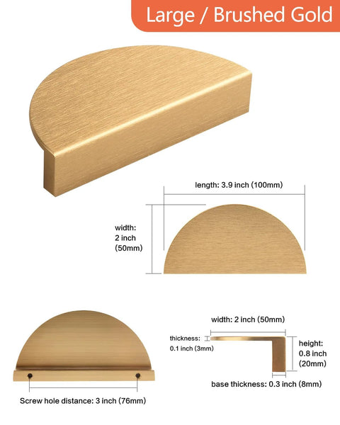 Diagram and dimensions of 4 Pack Half Moon Finger Pulls With 3 Inch Center Hole, Brushed Brass Gold Cabinet And Drawer Handles