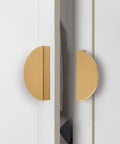 Installed 4 Pack Half Moon Finger Pulls With 3 Inch Center Hole, Brushed Brass Gold Cabinet And Drawer Handles on white cabinet