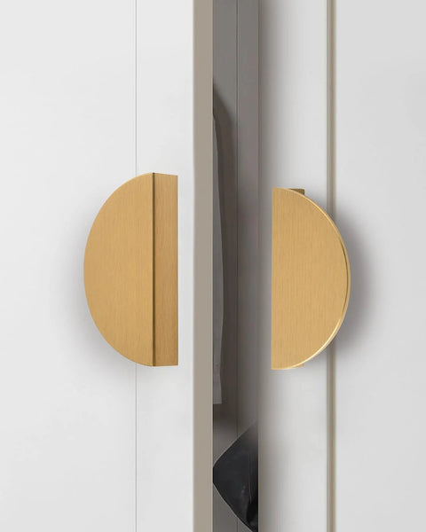 Installed 4 Pack Half Moon Finger Pulls With 3 Inch Center Hole, Brushed Brass Gold Cabinet And Drawer Handles on white cabinet