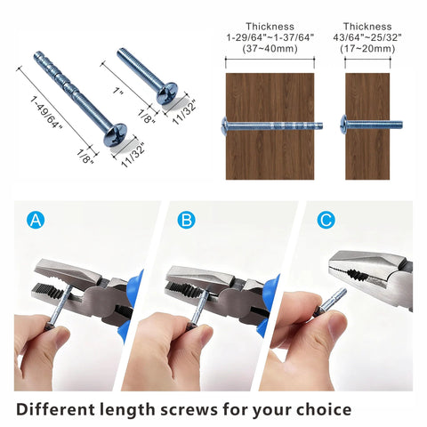 Image of various screws and pliers demonstrating installation options for 10 Pack Brushed Brass Cabinet Pulls 3 Inch Hole Center 4.4 Inch Overall Length.