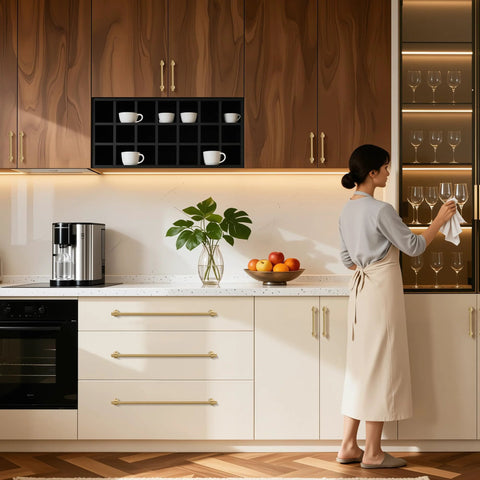 Woman using 10 Pack 15 Inch Hole Center Brushed Champagne Bronze Modern Cabinet Pulls in a contemporary kitchen setting.