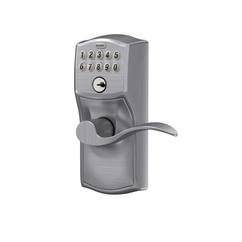 Front view of Camelot Keypad Entry Door Lock With Flex Lock And Accent Levers In Brushed Chrome For Keyless Entry and Auto Relock