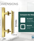 12 Inch Brushed Brass Vintage Gold Barn Door Handle Kit With Closet Door Pull Flush Plate Stainless Steel Pull Handles And Matching Gold Screws Large Sliding Door Hardware Set With Protective Pads For Safe Contact 1 Pack showing dimensions.