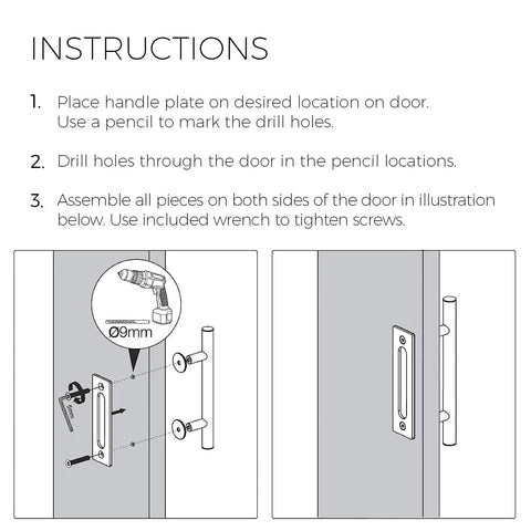 Installation instructions for 12 Inch Brushed Brass Vintage Gold Barn Door Handle Kit With Closet Door Pull Flush Plate Stainless Steel Pull Handles And Matching Gold Screws Large Sliding Door Hardware Set With Protective Pads For Safe Contact 1 Pack.
