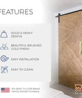 12 Inch Brushed Brass Vintage Gold Barn Door Handle Kit With Closet Door Pull Flush Plate Stainless Steel Pull Handles And Matching Gold Screws Large Sliding Door Hardware Set With Protective Pads For Safe Contact 1 Pack shown installed on wooden door.