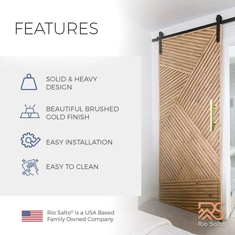 12 Inch Brushed Brass Vintage Gold Barn Door Handle Kit With Closet Door Pull Flush Plate Stainless Steel Pull Handles And Matching Gold Screws Large Sliding Door Hardware Set With Protective Pads For Safe Contact 1 Pack shown installed on wooden door.
