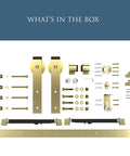 Brushed Gold 72 Inch Interior Sliding Barn Door Hardware One Piece Designer Kit With Soft Close Full Track System pieces.