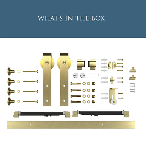 Brushed Gold 72 Inch Interior Sliding Barn Door Hardware One Piece Designer Kit With Soft Close Full Track System pieces.