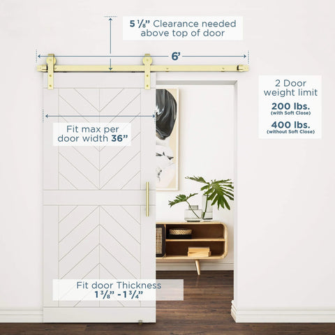 Brushed Gold 72 Inch Interior Sliding Barn Door Hardware One Piece Designer Kit With Soft Close Full Track System Installed