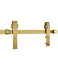 Brushed Gold 72 Inch Interior Sliding Barn Door Hardware One Piece Designer Kit With Soft Close Full Track System For Single Doors Up To 200 Lbs With Soft Close 400 Lbs Without All Metal Wheel Design Includes Mounting Hardware, showing front view of brushed gold track and wheels.
