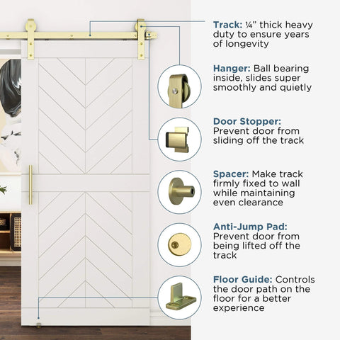 Brushed Gold 72 Inch Interior Sliding Barn Door Hardware One Piece Designer Kit With Soft Close Full Track System features.