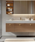 Bathroom vanity with Solid Brass Brushed Gold Cabinet Knobs Set Featuring Heavy Duty Real Brass Construction And Elegant Brushed Finish