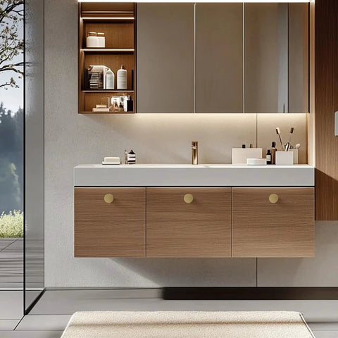 Bathroom vanity with Solid Brass Brushed Gold Cabinet Knobs Set Featuring Heavy Duty Real Brass Construction And Elegant Brushed Finish