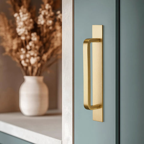 Solid Brass Cabinet Pull With Backplate Set Of 2 In Brushed Gold Finish modern rectangular handle on cabinet door