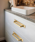 Solid Brass Cabinet Pull With Backplate Set Of 2 In Brushed Gold Finish installed on white drawer, modern rectangular handles