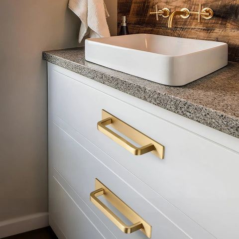 Solid Brass Cabinet Pull With Backplate Set Of 2 In Brushed Gold Finish installed on white drawer, modern rectangular handles