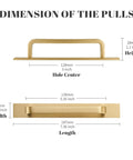 Dimensions of Solid Brass Cabinet Pull With Backplate Set Of 2 In Brushed Gold Finish, showing 5 inch hole centers, height, width, and length.