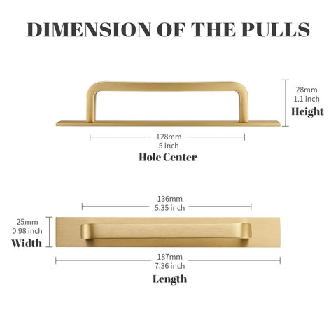 Dimensions of Solid Brass Cabinet Pull With Backplate Set Of 2 In Brushed Gold Finish, showing 5 inch hole centers, height, width, and length.