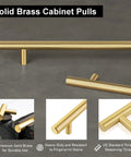 Solid Brass Cabinet Pulls 2 Pack Gold Brushed Finish Long Drawer Handles With 10 Inch Center To Center For Large Kitchen Cabinets Cupboards Dresser Wardrobe Closet Doors Euro T Bar Design Heavy Duty Fingerprint Resistant shown on a dark background with close-up inserts highlighting fingerprint resistance and quality.