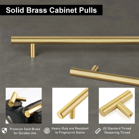 Solid Brass Cabinet Pulls 2 Pack Gold Brushed Finish Long Drawer Handles With 10 Inch Center To Center For Large Kitchen Cabinets Cupboards Dresser Wardrobe Closet Doors Euro T Bar Design Heavy Duty Fingerprint Resistant shown on a dark background with close-up inserts highlighting fingerprint resistance and quality.