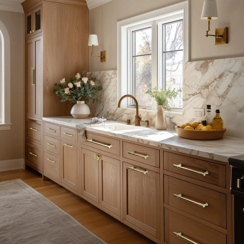 Kitchen with wood cabinets featuring 20 Pack Brushed Gold Cabinet Handles Five Inch Kitchen Cabinet Pulls Drawer Dresser Hardware