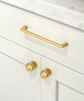 Set Of 10 Brushed Gold Cabinet Knobs 1 Inch Zinc Drawer Pulls For Kitchen Cabinets And Dresser Drawers Installed On White Cabinet
