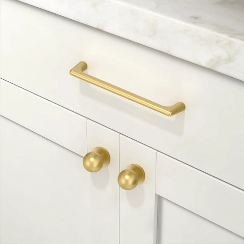 Set Of 10 Brushed Gold Cabinet Knobs 1 Inch Zinc Drawer Pulls For Kitchen Cabinets And Dresser Drawers Installed On White Cabinet