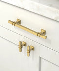 10 Pack Brushed Gold Cabinet Pulls 5 Inch 128mm installed on a white kitchen cabinet, durable metal hardware with premium finish