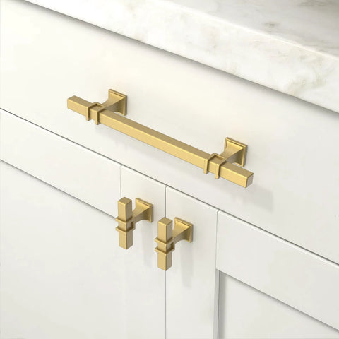 10 Pack Brushed Gold Cabinet Pulls 5 Inch 128mm installed on a white kitchen cabinet, durable metal hardware with premium finish