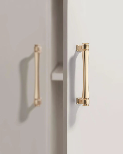 Brushed Gold Cabinet Pulls Set 10 Pack 5 Inch 128 Millimeters Solid Zinc Alloy Drawer Handles installed on cabinet
