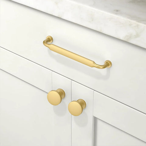 Brushed Gold Cabinet Pulls 5 Inch 128mm Pack Of 10 Kitchen Cabinet Handles installed on white drawer with smooth finish
