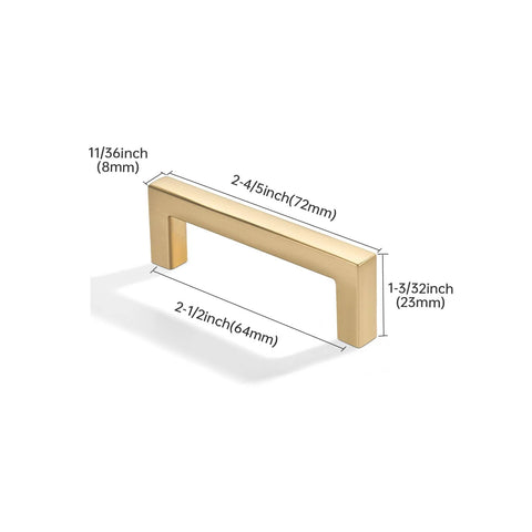 2 Pack Brushed Gold Cabinet Pulls 2-1/2 Inch 64mm Center To Center Solid Heavy Duty Square Matte Gold Drawer Handles with dimensions labeled