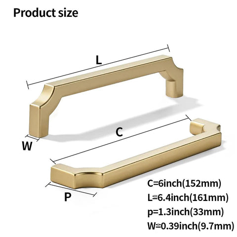 Square Brushed Gold Cabinet Pulls 2 Pack 6 Inch Center To Center Heavy Duty Zinc Alloy Handles product size diagram