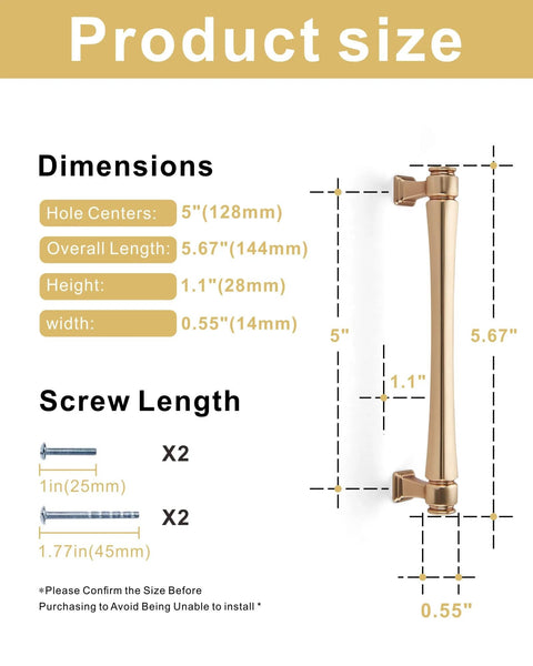 Dimensions chart for Brushed Gold Cabinet Pulls Set 10 Pack 5 Inch 128 Millimeters Solid Zinc Alloy Drawer Handles showing size details.