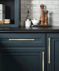 Modern kitchen with 2 Pack 4 Inch Center To Center Brushed Gold Cabinet Pulls Solid Cabinet Hardware on blue cabinets.