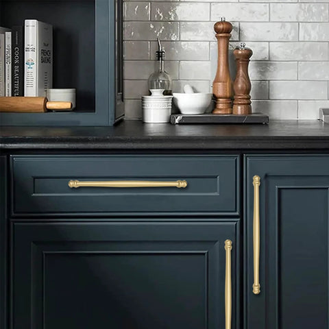 Modern kitchen with 2 Pack 4 Inch Center To Center Brushed Gold Cabinet Pulls Solid Cabinet Hardware on blue cabinets.