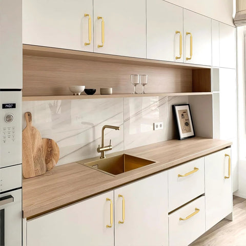 Brushed Gold Cabinet Pulls 5 Inch 128mm Pack Of 10 Kitchen Cabinet Handles on modern kitchen cabinets with wood countertop