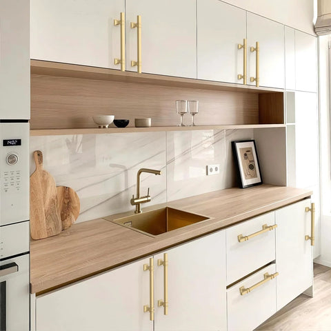 Modern kitchen with 10 Pack Brushed Gold Cabinet Pulls 5 Inch 128mm Kitchen Cabinet Handles for doors and drawers, wood countertop.