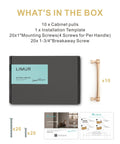 Box contents of Brushed Gold Cabinet Pulls Set 10 Pack 5 Inch 128 Millimeters Solid Zinc Alloy Drawer Handles, screws, and template