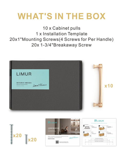 Box contents of Brushed Gold Cabinet Pulls Set 10 Pack 5 Inch 128 Millimeters Solid Zinc Alloy Drawer Handles, screws, and template