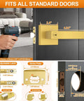 Six Pack Brushed Gold Door Handles For Interior Doors, Heavy Duty Flat Square Privacy Levers, installation and dimensions guide