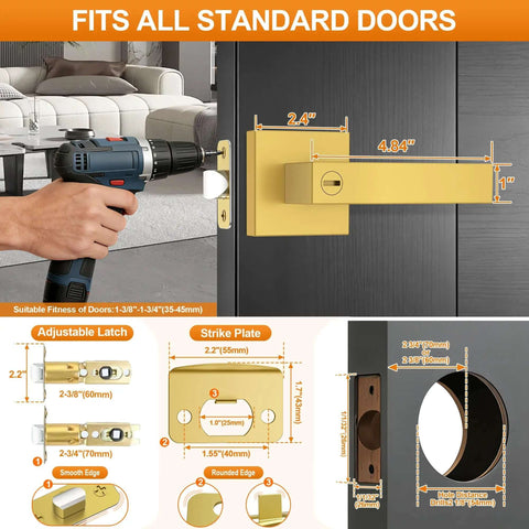 Six Pack Brushed Gold Door Handles For Interior Doors, Heavy Duty Flat Square Privacy Levers, installation and dimensions guide