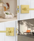 Gold Interior Door Handles Set for Bedroom and Bathroom, square design with keyless push button lock, two installed views.