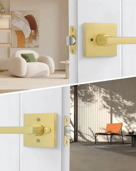 Gold Interior Door Handles Set for Bedroom and Bathroom, square design with keyless push button lock, two installed views.