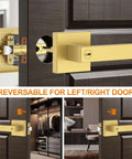 Six Pack Brushed Gold Door Handles For Interior Doors, Heavy Duty Flat Square Privacy Levers, Keyless Lever Set shown on dark wood door