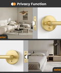 Brushed Gold Privacy Door Levers Set for Bedroom and Bathroom, visible in interior and exterior settings, demonstrating keyless operation.