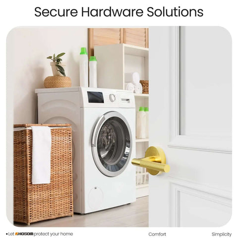 Laundry room setup with Two Pack Knurled Brushed Gold Dummy Door Handles for interior doors with satin brass finish