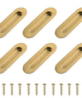 Six Piece Brushed Gold Stainless Steel Flush Pull Handles For Cabinets And Drawers, Oval Embedded Recessed Finger Pulls With Hidden Screws