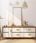 Six Piece Brushed Gold Stainless Steel Flush Pull Handles For Cabinets And Drawers, installed on a wooden dresser with hidden screws