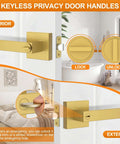 Six Pack Brushed Gold Door Handles For Interior Doors, Heavy Duty Flat Square Privacy Levers, Keyless Lever Set For Bedroom And Bathroom